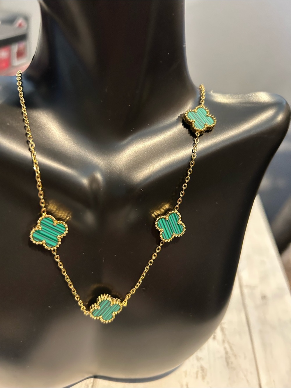 Gold Chain Necklace with Green Clover Motifs